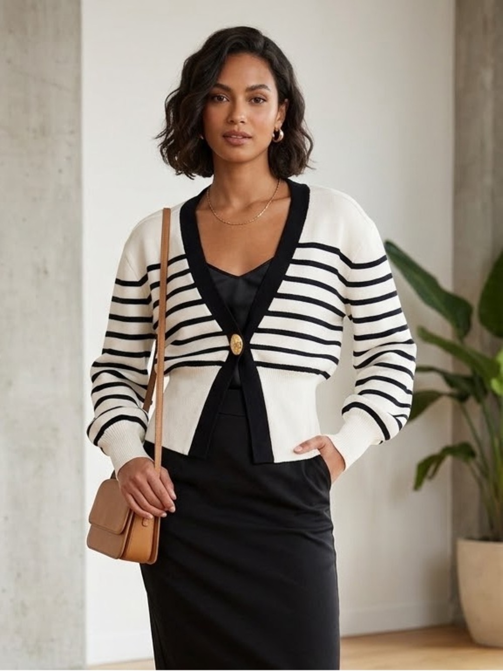 Striped Black & White Pencil Sweater - Elegant V-Neck Cardigan